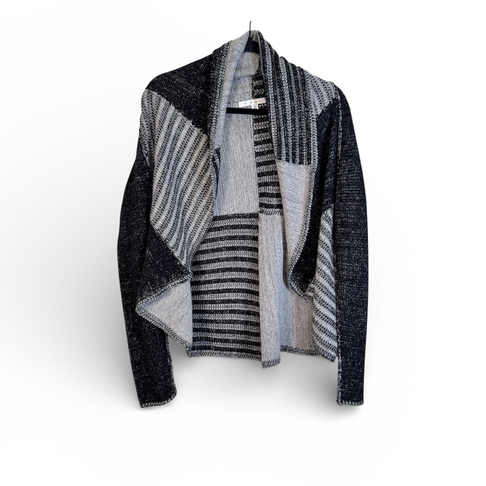 Cabi Black Grey Wool Blend Patchwork Cardigan Swe… - image 1